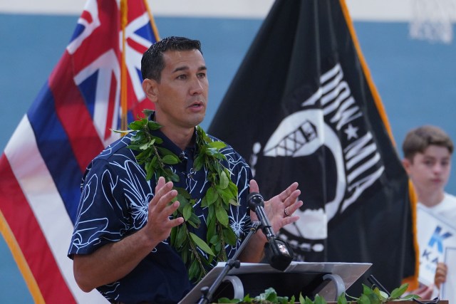 Kai Kahele announces running for Hawaii Governor at the Hilo Boys and Girls Club gymnasium.