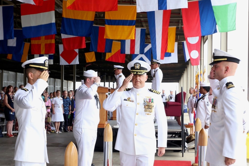 190626-N-EV910-009 PEARL HARBOR (June 26, 2019) (U.S. Navy photo by Shannon R. Haney/Released) Capt. Trent Kalp is piped ashore after Naval Supply Systems Command (NAVSUP) FLC Pearl Harbor’s change of command ceremony. Capt. Trent Kalp assumed command from Capt. Eric Morgan as commanding officer of NAVSUP FLC Pearl Harbor. (U.S. Navy photo by Shannon R. Haney/Released)