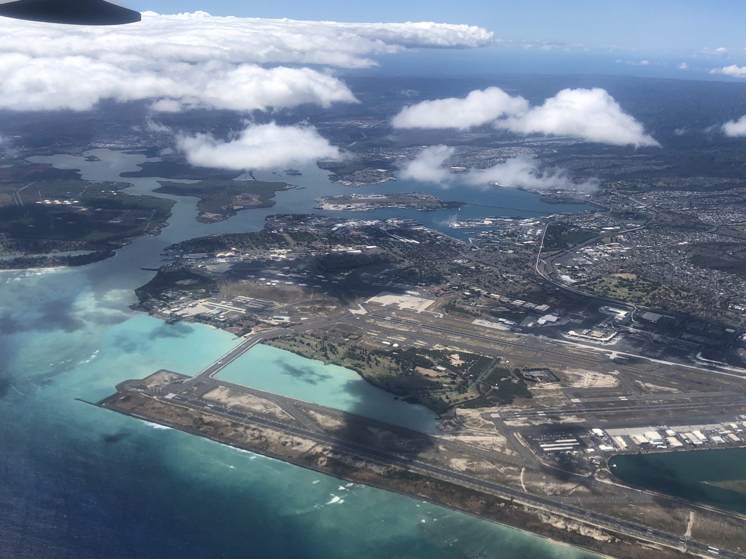 Aerial view of the Honolulu airport and Pearl Harbor