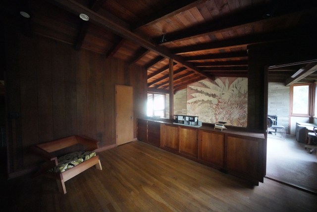 View of the master bedroom of Jean Charlot's home featuring a view of the fresco.