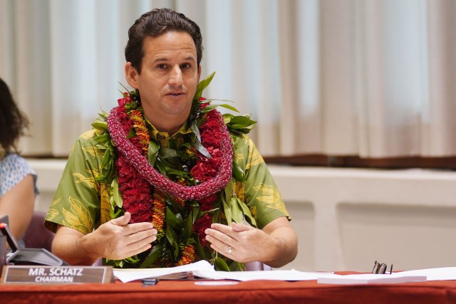 Senator Brian Schatz gestures during a field hearing held at the East West Center Auditorium.