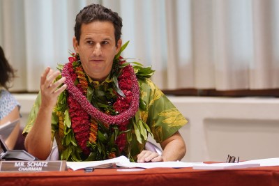 Senator Brian Schatz gestures during a field hearing held at the East West Center Auditorium.