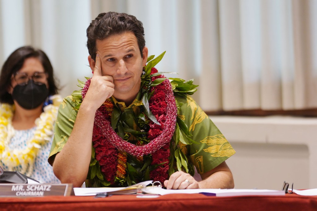 Senator Brian Schatz listens during a field hearing held at the East West Center Auditorium.