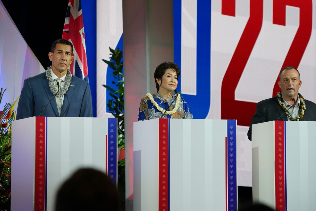 2022 HNN Debate with left to right, Kai Kahele, Vicky Cayetano and Josh Green held at the Sheraton Hotel.