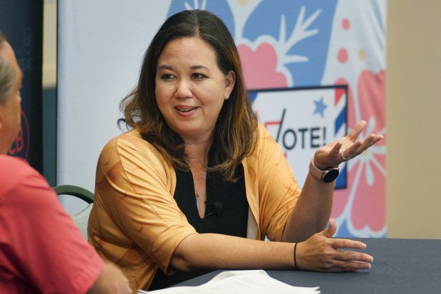 Jill Tokuda candidate for CD--2 speaks to Chad Blair at Chaminade University.