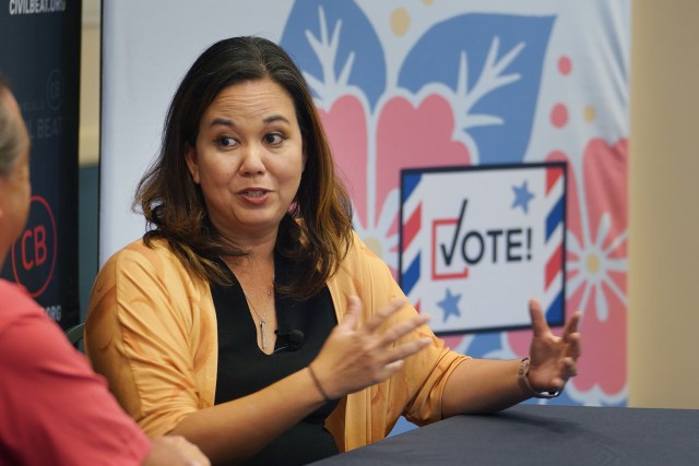 Jill Tokuda candidate for CD--2 speaks to Chad Blair at Chaminade University.