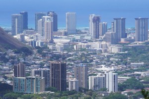 Top, Kakaako skyline with foreground Nuuanu condominiums.