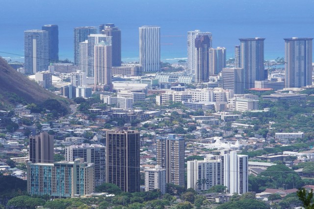 Top, Kakaako skyline with foreground Nuuanu condominiums.