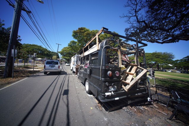 Burnt remains of a foodtruck located on Leahi Avenue.