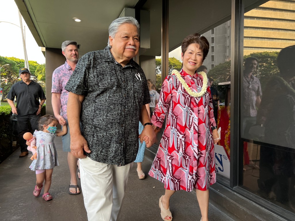 Democratic gubernatorial candidate Vicky Cayetano arrives at her campaign headquarters with her husband, former Gov. Ben Cayetano, Saturday, in Honolulu