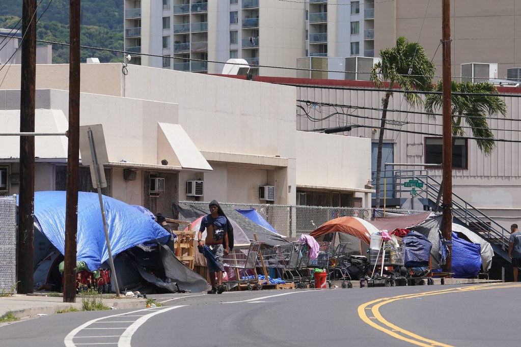 Tents and shopping cars located along Iwilei Road near the Institute of Human Services.
