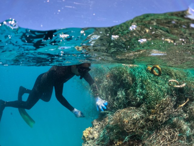 Ryan Naluai, a diver and crew member with the Papahanaumokuakea Marine Debris Project, works to remove a large derelict fishing net at Kamokuokamohoaliʻi Reef.