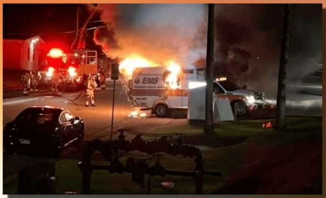 An ambulance went up in flames outside Adventist Health Castle in Kailua on Aug. 24.