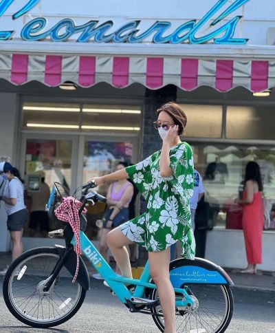 A Biki and rider at Leonard's Bakery.