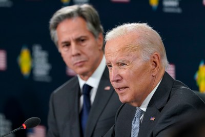 President Joe Biden speaks during the first U.S.-Pacific Island Country Summit at the State Department in Washington, Thursday, Sept. 29, 2022. Secretary of State Antony Blinken listens at left. (AP Photo/Susan Walsh)