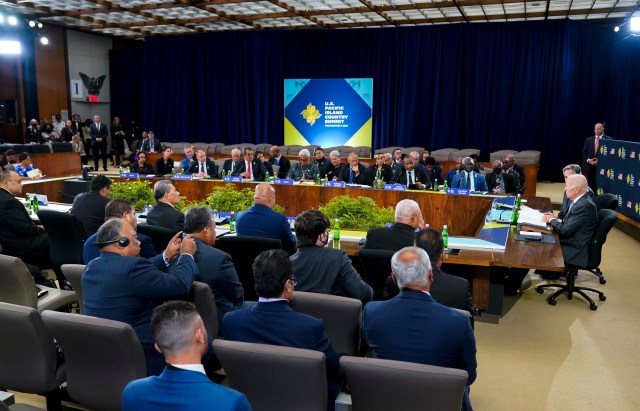 President Joe Biden speaks during the first U.S.-Pacific Island Country Summit at the State Department in Washington, Thursday, Sept. 29, 2022. Biden is hosting Pacific Island leaders for a two-day summit as the U.S. looks to counter China's military and economic influence in the region. (AP Photo/Susan Walsh)