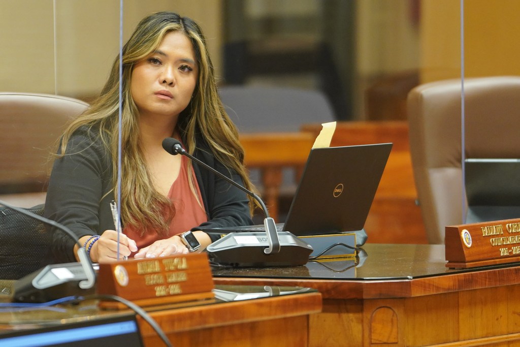 Honolulu City Council member Radiant Cordero listens to testimony during floor session at Honolulu Hale.