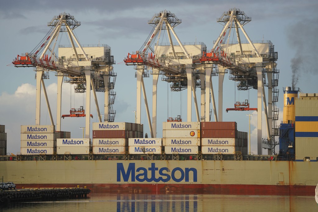 Matson Cranes are idle in early morning hours at Honolulu Harbor.