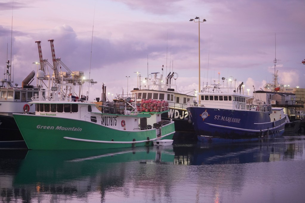 Fishing boats named Green Mountain and St. Marianne are docked at Honolulu Harbor's Pier 38.