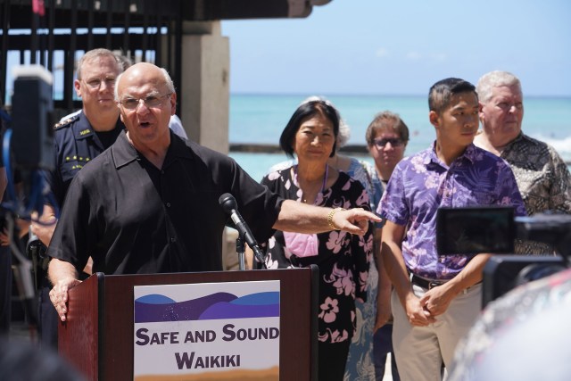 Mayor Rick Blangiardi speaks during the Safe and Sound Waikiki press conference.