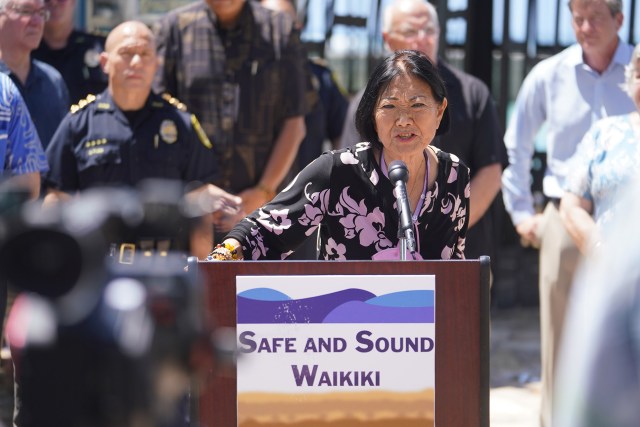 Senator Sharon Moriwaki speaks during the Safe and Sound Waikiki press conference held along Kalakaua Avenue.