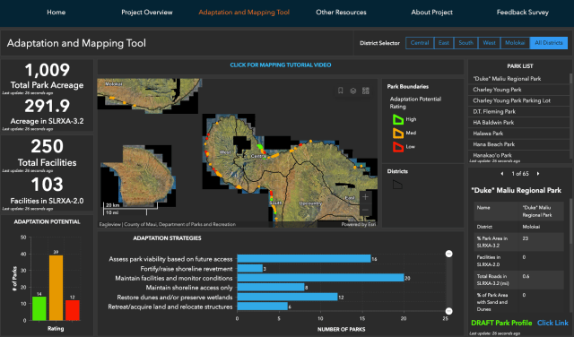 A screenshot of the county's new adaptation and mapping tool shows beach parks affected by sea level rise and what can be done in response.