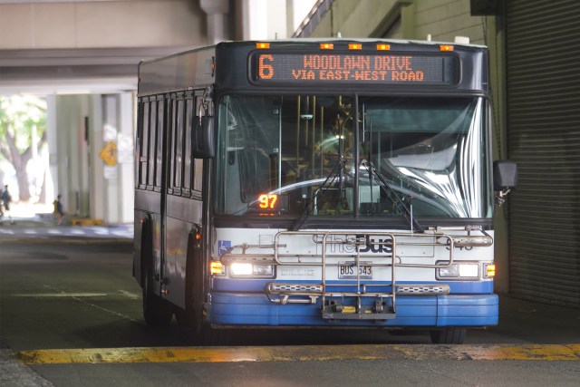 Honolulu TheBus travels thru the Ala Moana Shopping Center.