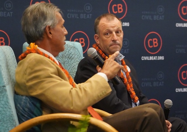 Honolulu Civil Beat's Know your candidate with gubernatorial candidates Duke Aiona and right, Josh Green.
