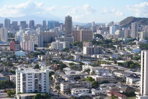 View of the urban core of Honolulu with various rentals and apartments/condominiums.