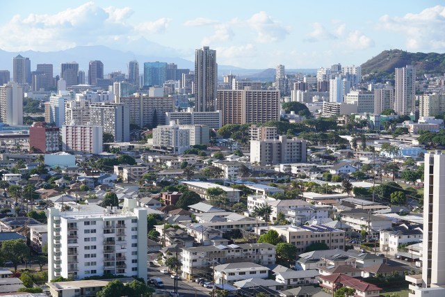 View of the urban core of Honolulu with various rentals and apartments/condominiums.