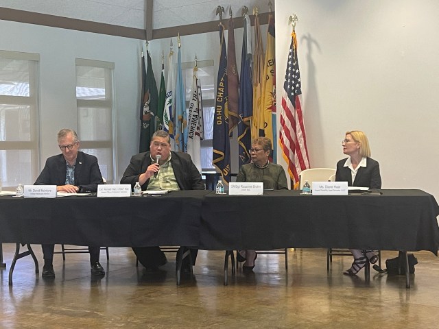 From left to right: David McIntyre, TriWest Healthcare Alliance; Ronald, Han, director of the Hawaii Office of Veterans' Services; Roxanne Bruhn, retired US Air Force; and Diane Haar, founder of Hawaii Disability of Legal Services. The panelists presented the concerns voiced by veterans at a Wednesday event hosted by US Sen. Mazie Hirono.