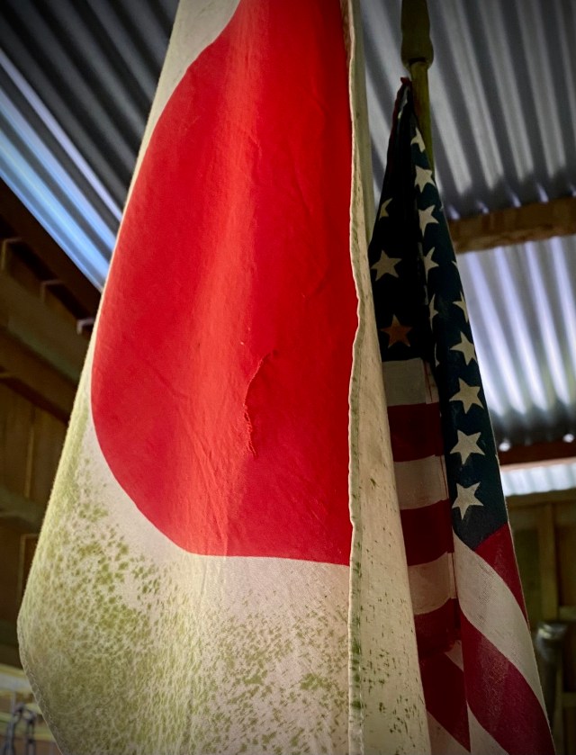 Japanese and American flags hang, the japanese flag covered in mold