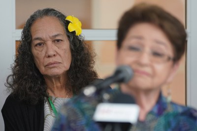 OHA Office of Hawaiian Affairs trustee Mililani Trask listens to Chair Lindsey share the results of a recent forensic audit with colleagues.