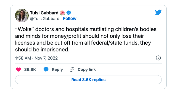 tweet from Gabbard in Nov 2022 on woke docs