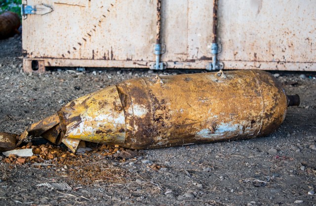 A disintegrated bomb sits at Hells Point, recovered from somewhere around Honiara.