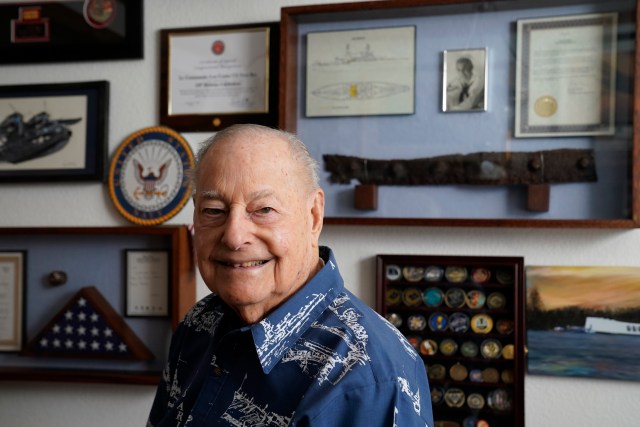 Pearl Harbor survivor Lou Conter, 101, is seen at his home in Grass Valley, Calif., Friday, Nov. 18, 2022. Conter survived the devastating explosion that destroyed the battleship, USS Arizona during the Japanese attack on Pearl Harbor, Dec. 7, 1941. (AP Photo/Rich Pedroncelli)