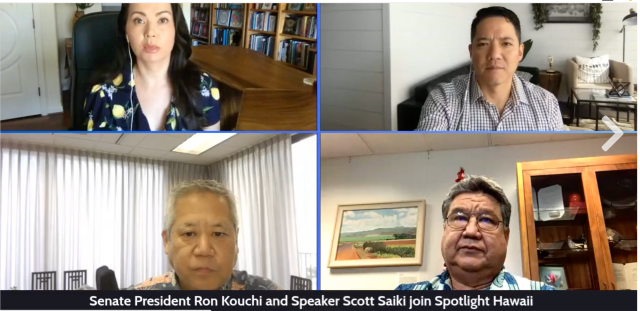 Yunji de Nies and Ryan Kalei Tsuji discuss the upcoming legislative session with House Speaker Scott Saiki (bottom left) and Senate President Ron Kouchi (bottom right). Both lawmakers seemed skeptical of some of Gov. Josh Green's best-known proposals.