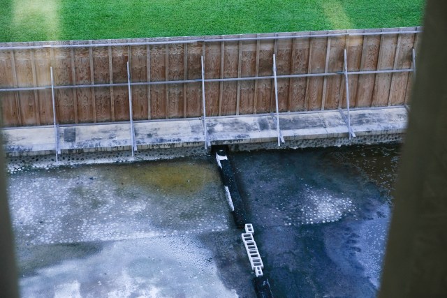 The Hawaii State Capitol pool has been empty for nearly a year. Rain water typically floods the area.