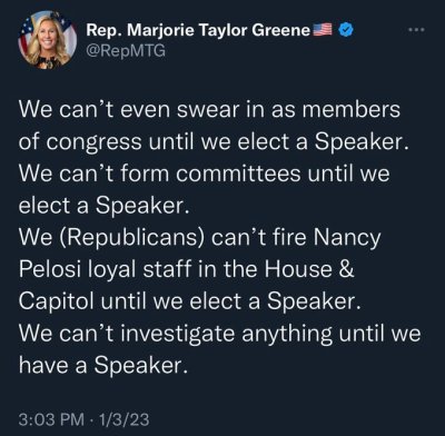social media post from Rep. Marjorie Taylor Greene on Jan. 3, 2023