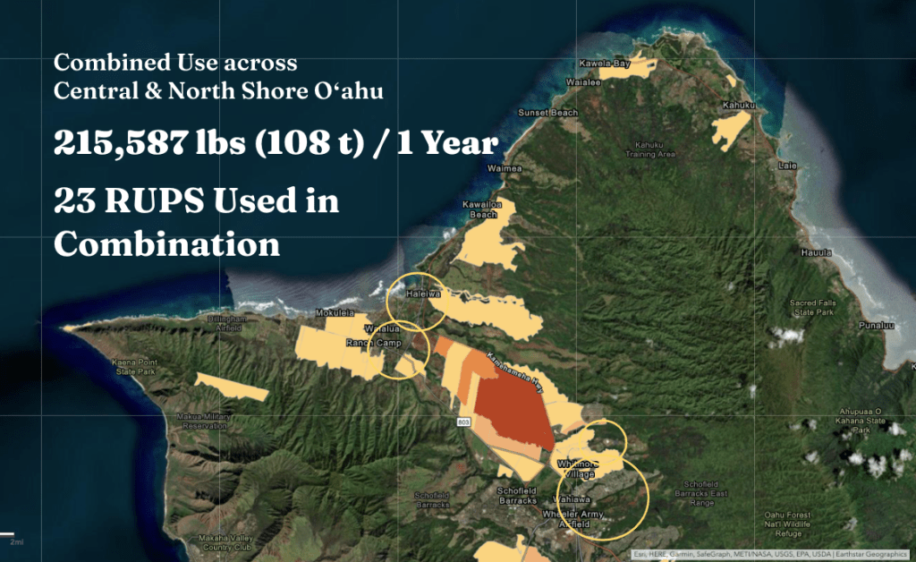 An analysis of state data by the Center for Food Safety and Hawaii Alliance for Progressive Action shows where restricted use pesticides were sprayed in 2019. (Source: Hawaii Alliance for Progressive Action)