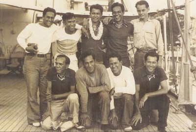 Graduates and students of Kamehameha School onboard the Itasca, 4th expedition, January 1936. Back row, left to right: Luther Waiwaiole, Henry Ohumukini, William Yomes, Solomon Kalama, James Carroll. Front row, left to right: Henry Mahikoa, Alexander Kahapea, George Kahanu, Sr., Joseph Kim. (Photo courtesy George Kahanu, Sr.).  Photo Credit: Center for Oral History, Social Science Research Institute, University of Hawai‘i at Mānoa and Bernice Pauahi Bishop Museum.