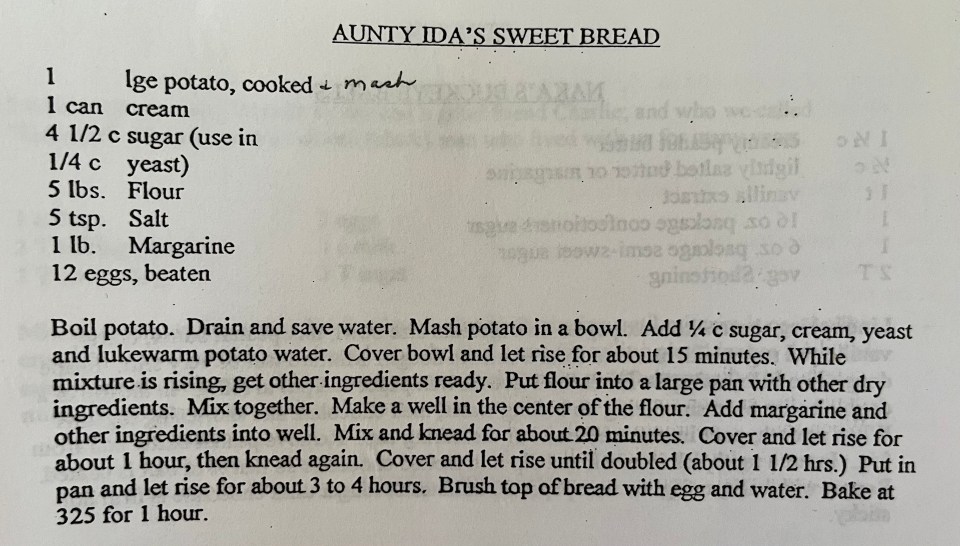 Aunty Ida's sweet bread recipe.