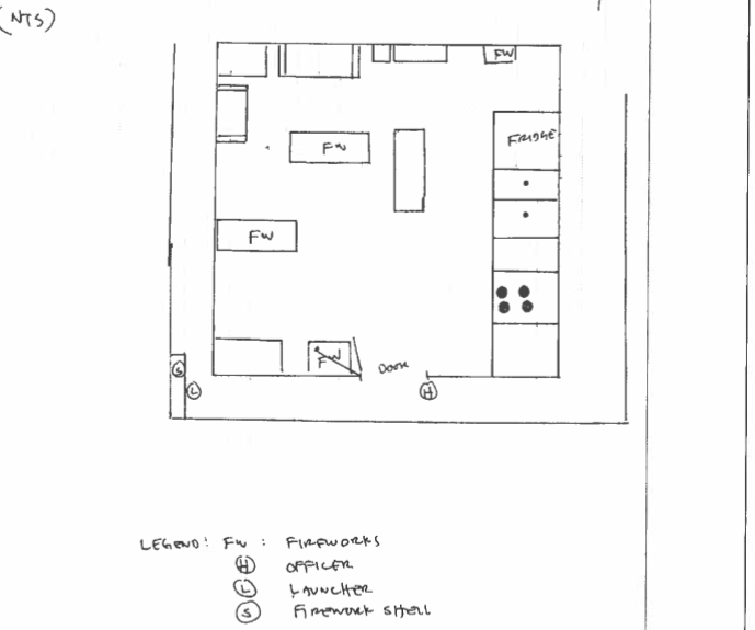 A hand-drawn map showing location of fireworks, shells and launchers in a Makiki suspect's living room.
