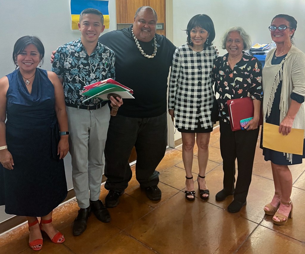 From left, Agnes Malate, Pamantasan Council; Rep. Adrian Tam; Leon Florendo, Pamantasan Council; Sen. Donna Mercado Kim; Amy Agbayani, Pamantasan Council; and Rep. Amy Perruso. (Courtesy: Amy Agbayani/2023)