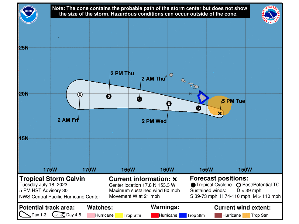 The National Weather Service expected Tropical Storm Calvin to pass south of Hawaii starting Tuesday evening. (Courtesy: NWS/2023)