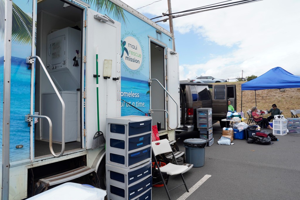 Donated items, shower and laundry have been set up at Kahului Baptist Church on Thursday, Aug. 10, 2023, in Kahului. They are located at 309 S. Puunene Avenue in Kahului. (Kevin Fujii/Civil Beat/2023)