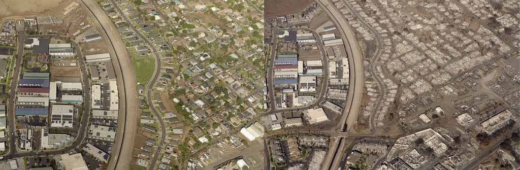Before and after Aerial photographs of the destruction caused by the Lahaina, Maui wildfire