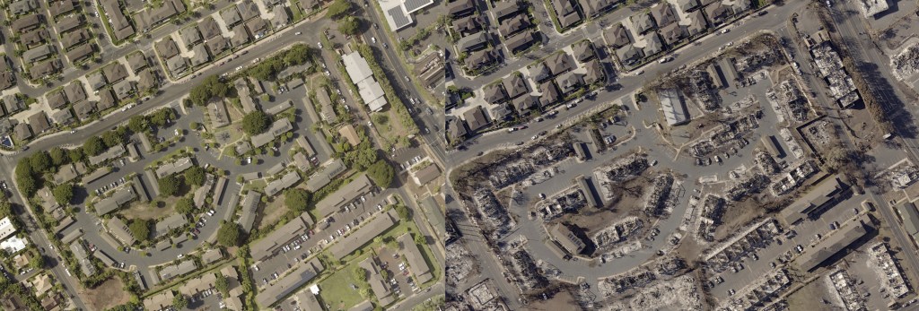 Before and after Aerial photographs of the destruction caused by the Lahaina, Maui wildfire