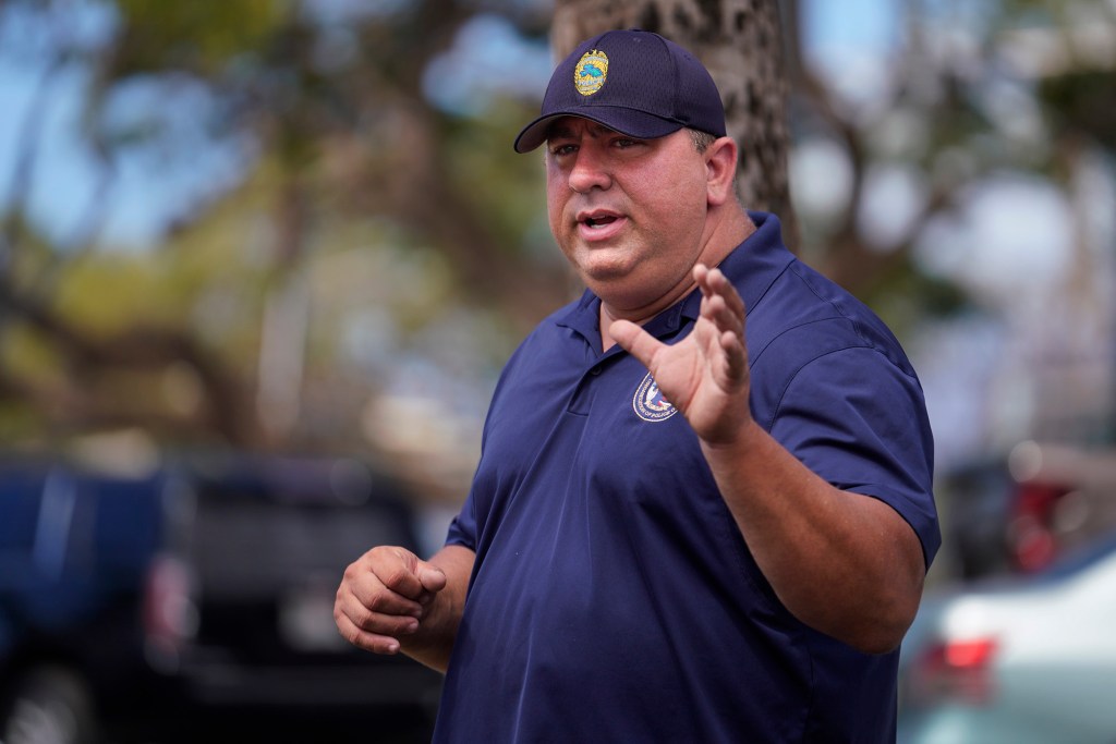 Maui Police Department Lt. Nick Krau is photographed outside of the Lahaina Post Office Wednesday, Aug. 16, 2023. Lt. Krau represents the police union. (Kevin Fujii/Civil Beat/2023)