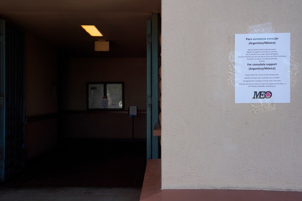 The Mexican and Argentinian consulates offer assistance at MEO Thursday, Aug. 17, 2023, in Kahului. A wildfire destroyed the historic town of Lahaina last week. (Kevin Fujii/Civil Beat/2023)